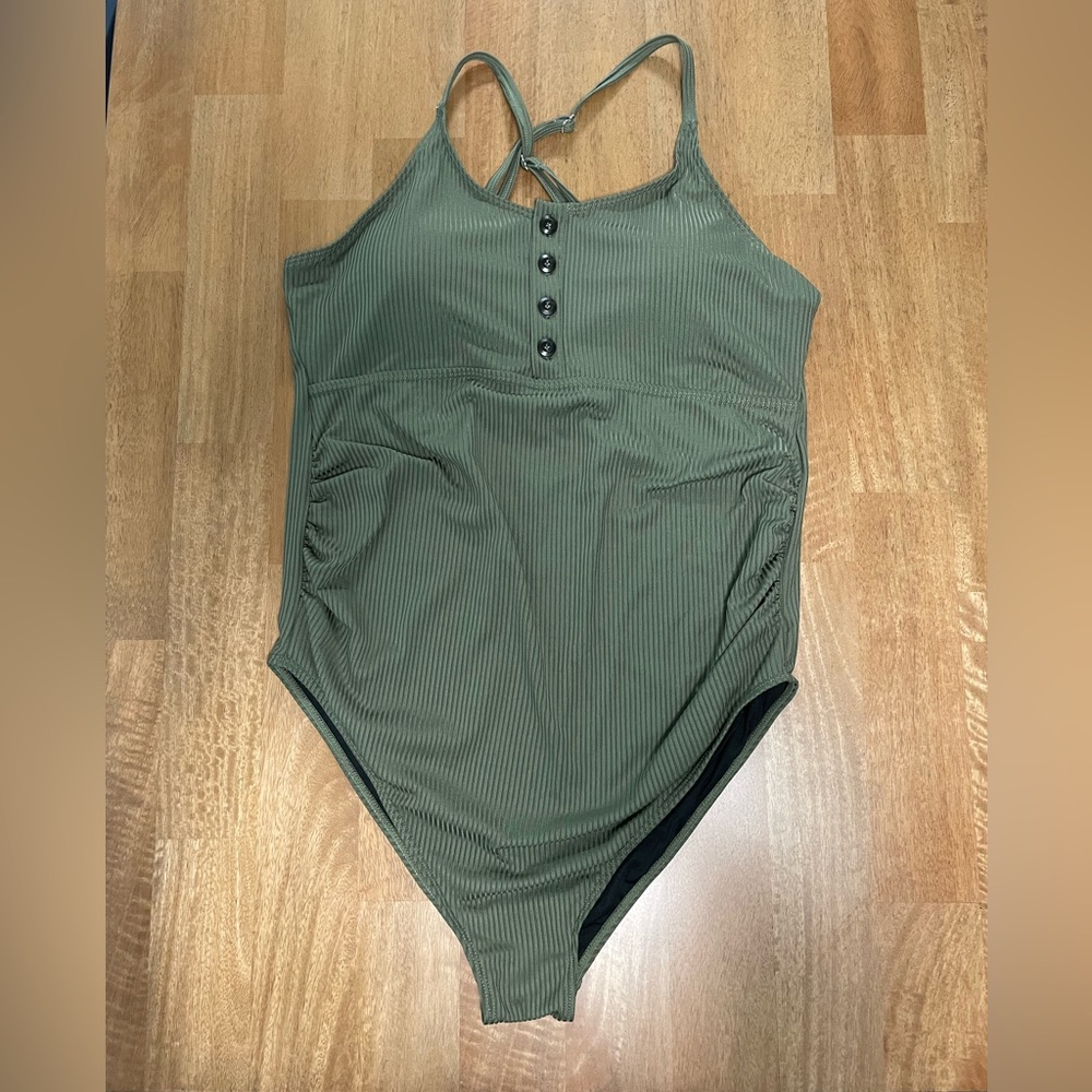 Olive Green Button-Front Women's Maternity Swimsuit